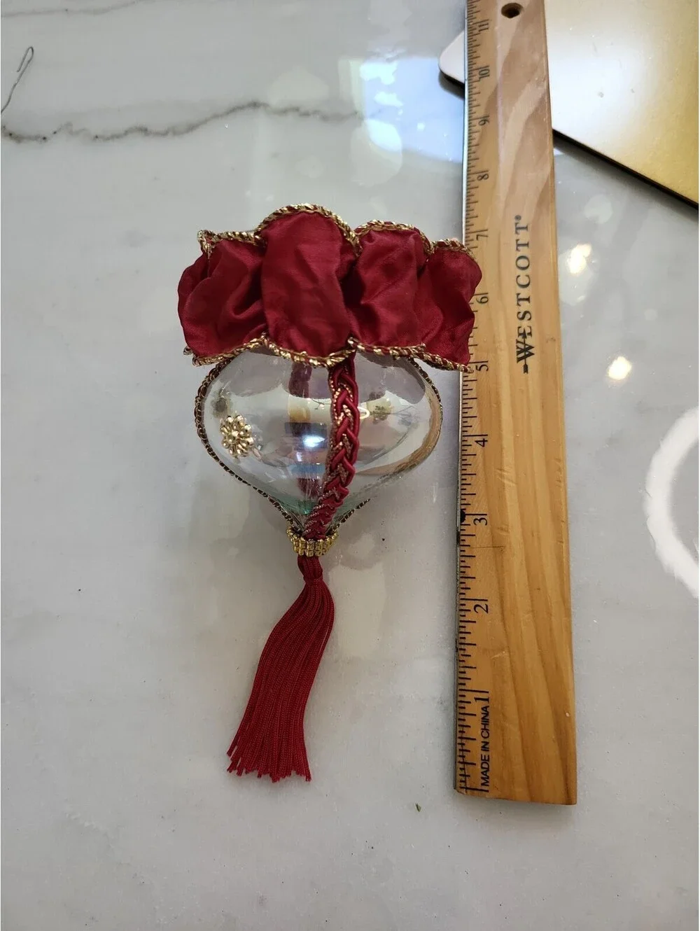 Vtg Glass Handmade Finial Christmas Ornament Glass 6” OOAK Burgundy & Gold